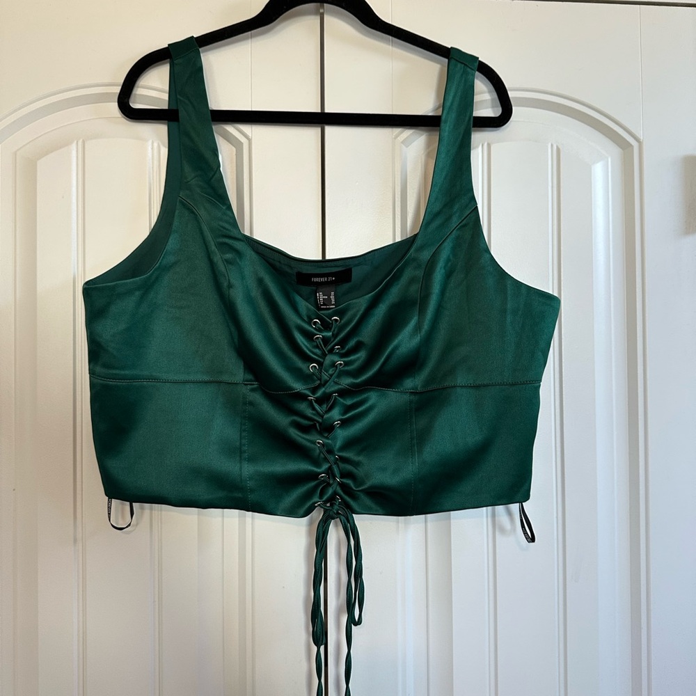 Forever 21 Emerald Lace-Up Satin Crop Top